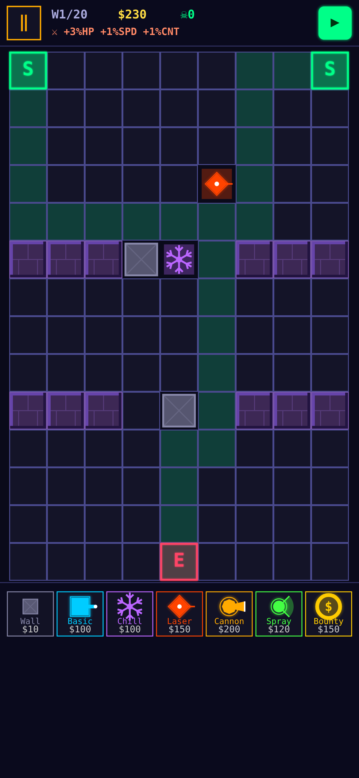 Mazing auf Split Path im Hochformat — erste Türme platziert.